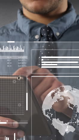 animation of financial data processing over businesswomen using tablet