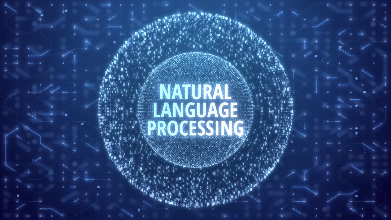 Natural Language Processing Concept over Matrix sphere on circuitry background. random numbers in form of sphere over circuit blue background