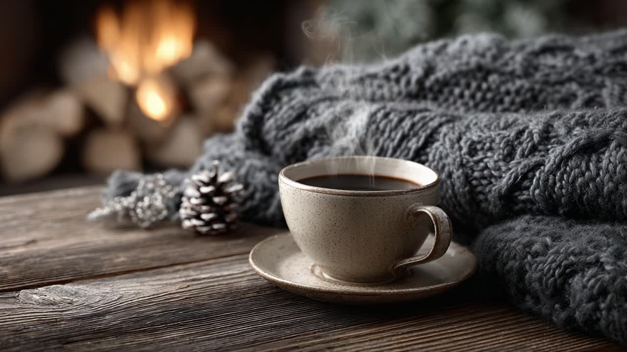 A Cozy Scene of Steaming Coffee Next to a Warm Hearth with a Beautifully Knitted Sweater, Perfect for Relaxation and Comfort in a Winter Setting