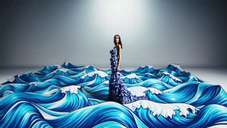 woman in an elegant blue and white wave-patterned dress amidst stylized waves