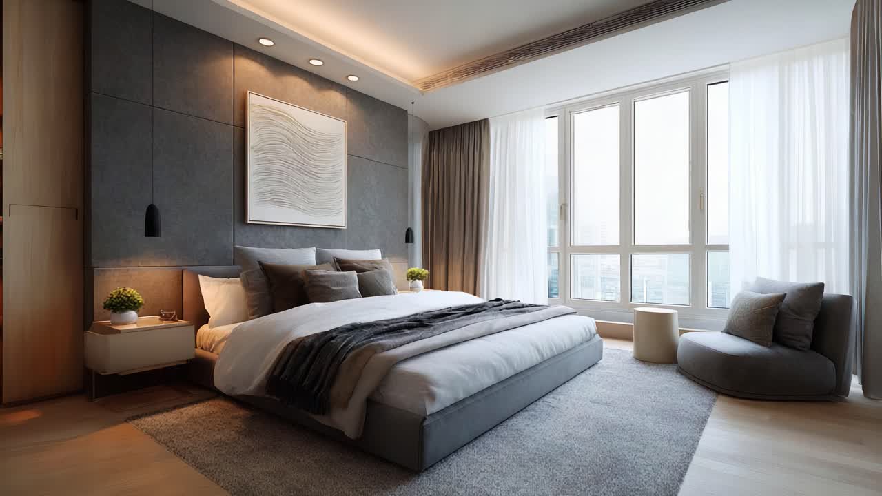 Camera da letto moderna con tessuti delicati, arredamento elegante e luce naturale che filtra attraverso le grandi finestre, per un relax e un comfort superiori in un design elegante