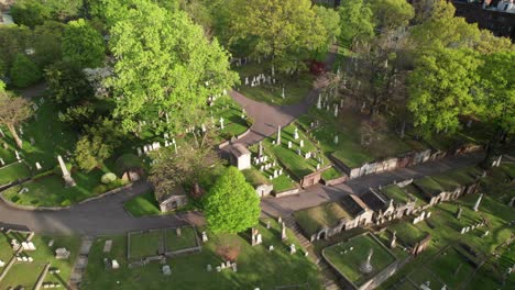 big garden cemetery, aerial reverse shot