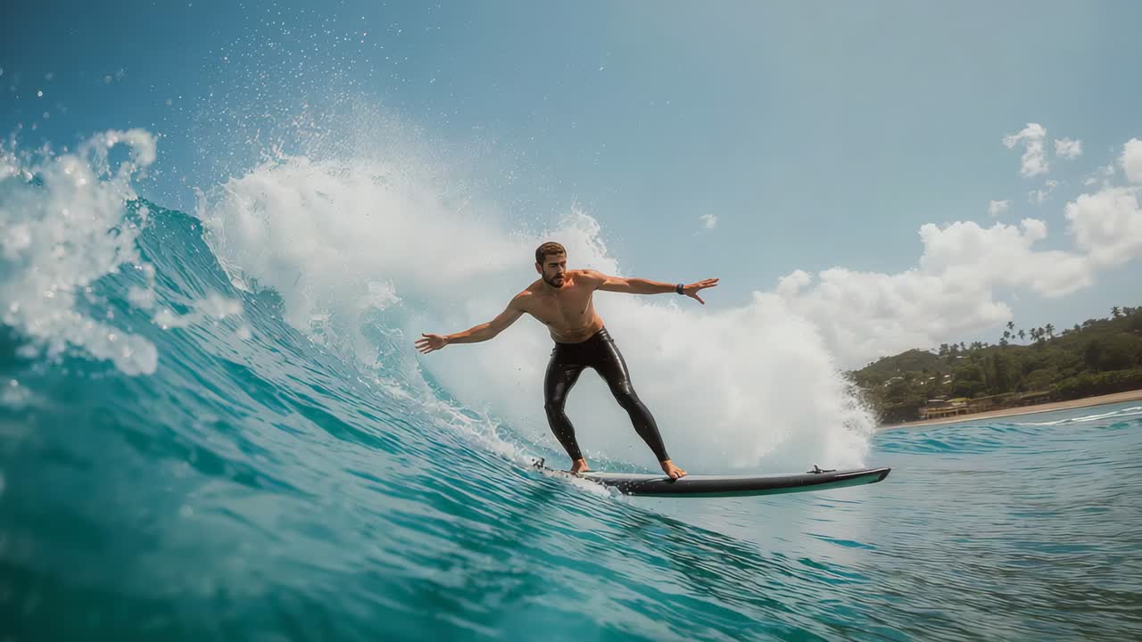 Riding surfer carving toward beach after wave curling, shirtless in black wetsuit pants, longboard