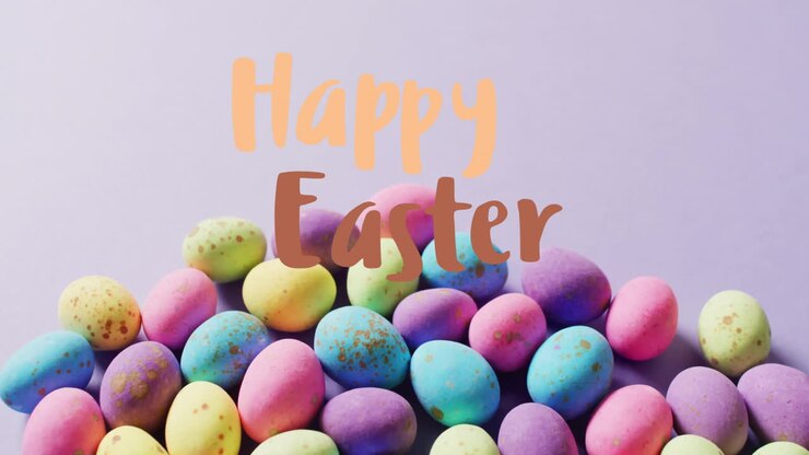 Animation of happy easter text over colourful easter eggs on purple background