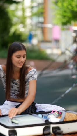 young woman sitting with luggage outdoors