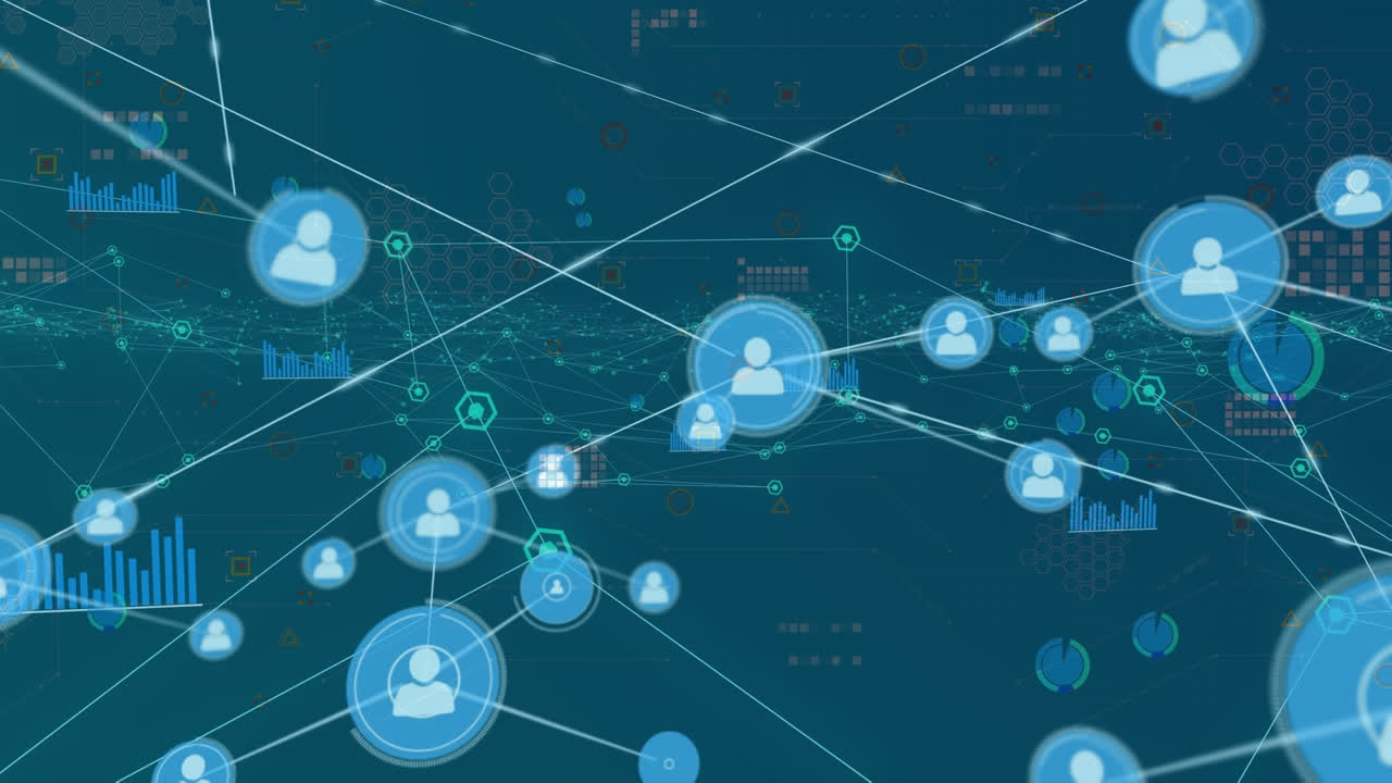Animation of network of connections with icons over data processing on black background