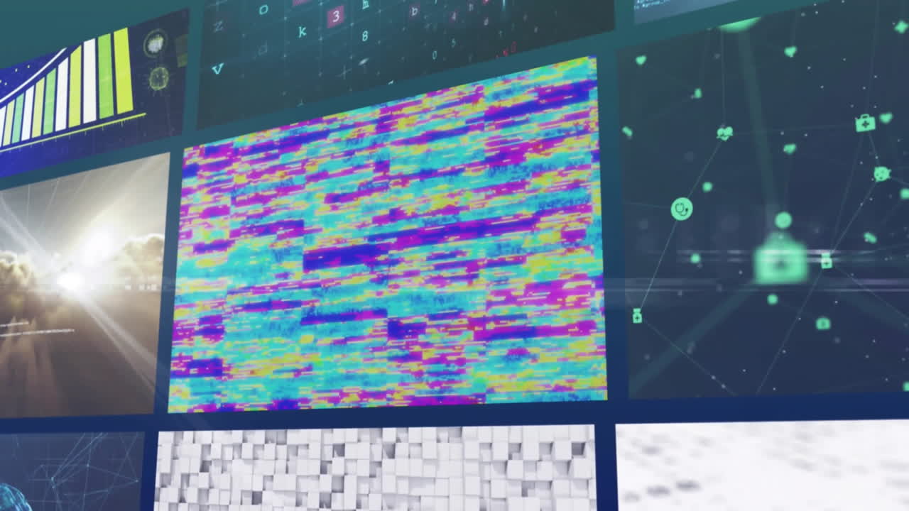 아이콘과 데이터 처리를 가진 디지털 화면의 애니메이션