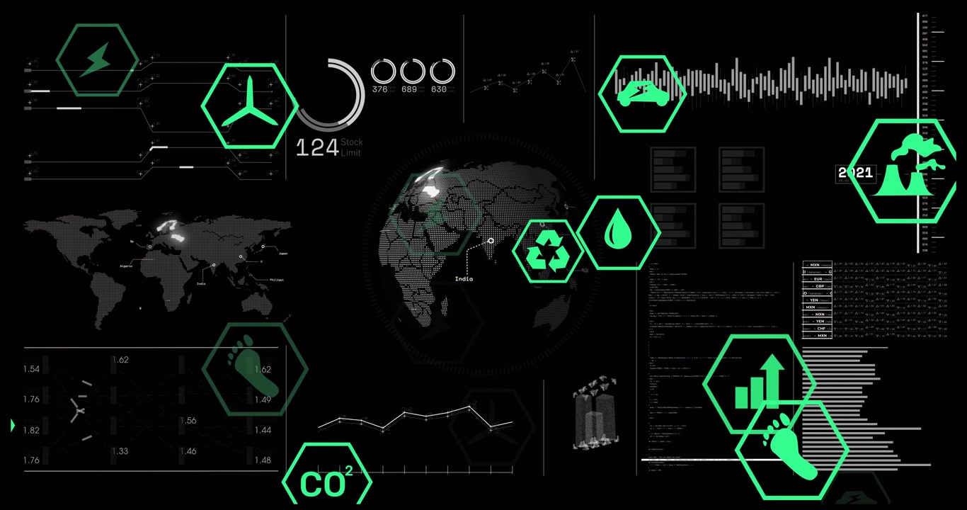 backdrop opening hex icons fading as globe rotating with meter climbing visualizing emission trends