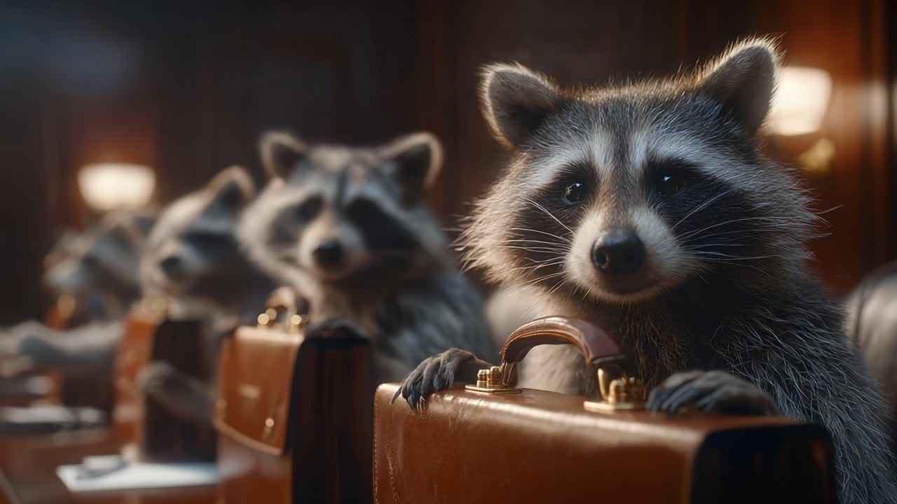 A Gathering of Raccoons in Suits at a Formal Meeting, Showcasing Their Serious Expressions and Attentive Postures in a Wood-paneled Conference Room Setting