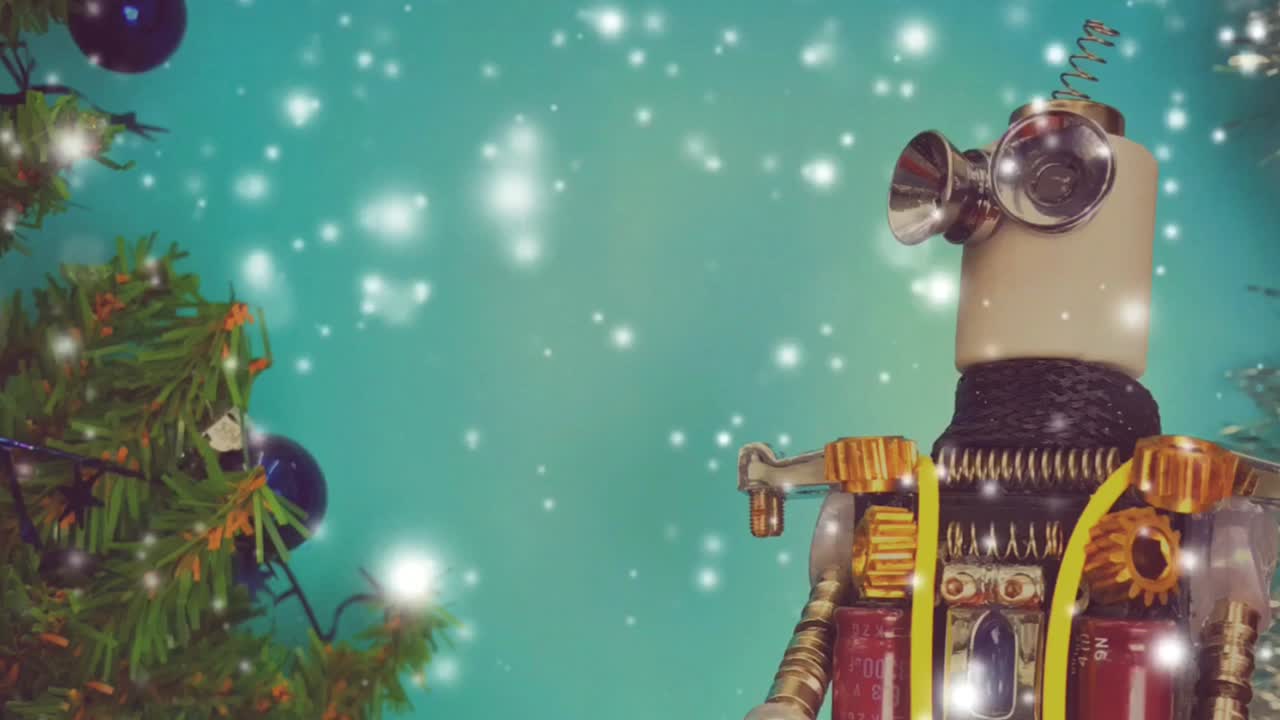 Cinemagraph of robot and Christmas tree with endless snow fall