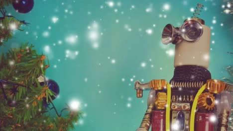 cinemagraph de robot y árbol de navidad con nieve interminable