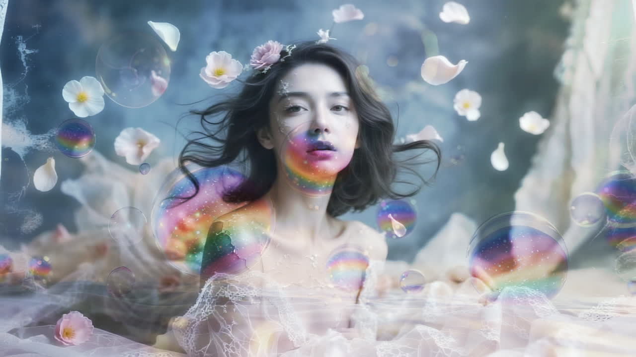 Ethereal Woman Amidst Floating Bubbles and Petals