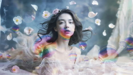ethereal woman amidst floating bubbles and petals