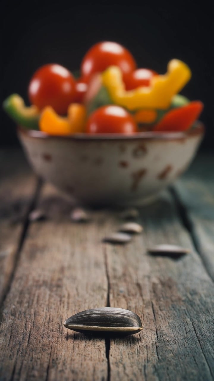 Single Sunflower Seed on Rustic Wooden Table with Blurred Vegetable Bowl