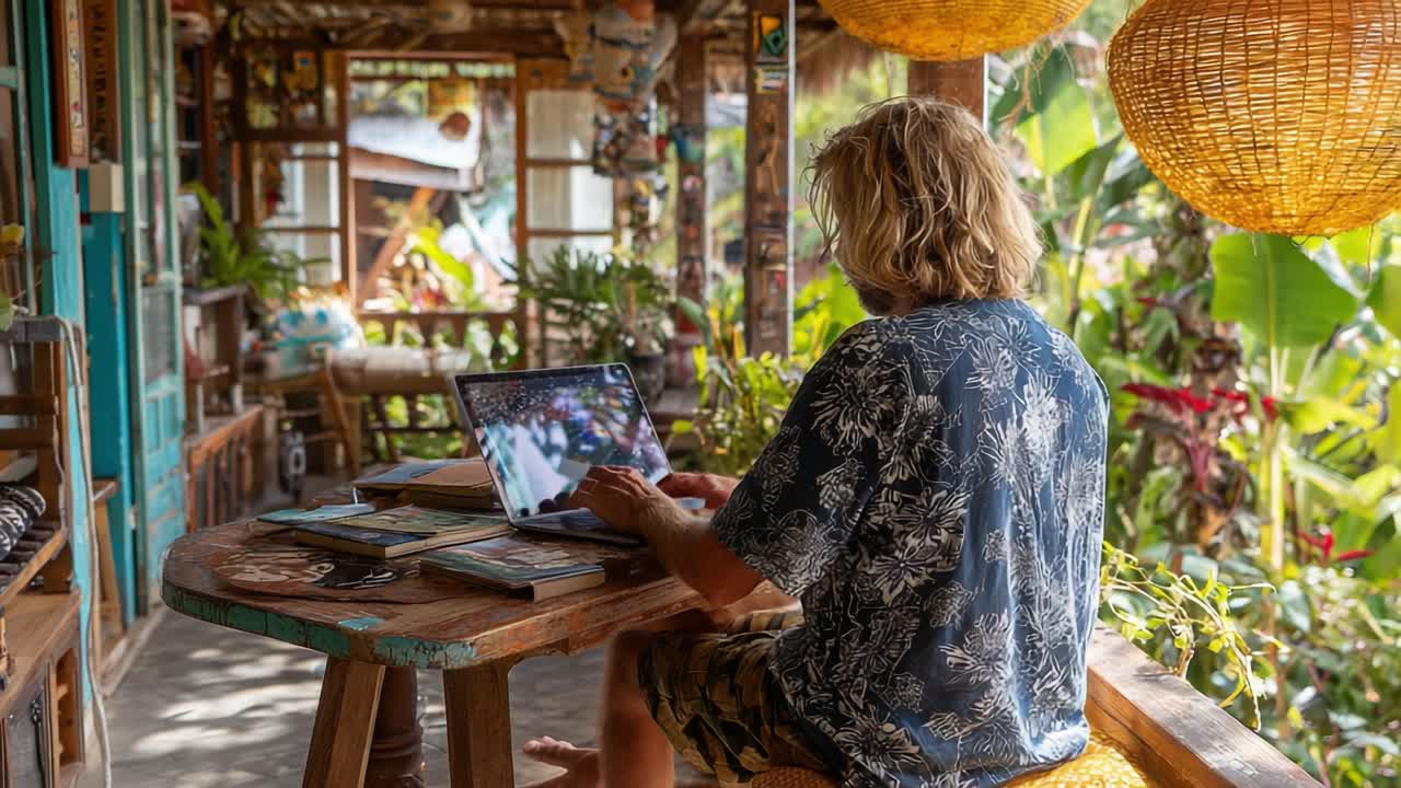 A Relaxed Individual Engaged in Creative Work on a Laptop Amidst a Tranquil Tropical Setting Surrounded by Nature's Beauty and Artisan Decor