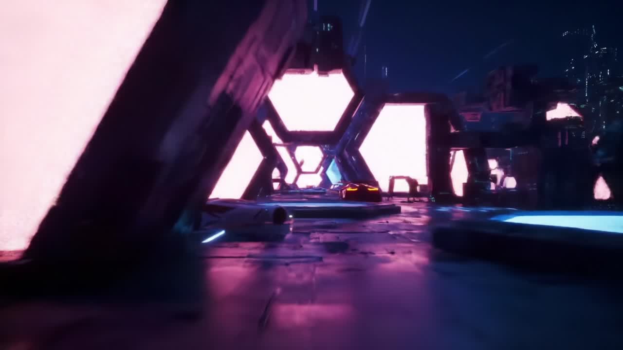 A Stunning Futuristic Cityscape: A Glimpse into a Neon-Lit Metropolis with Hexagonal Structures and Glowing Pathways Under a Night Sky