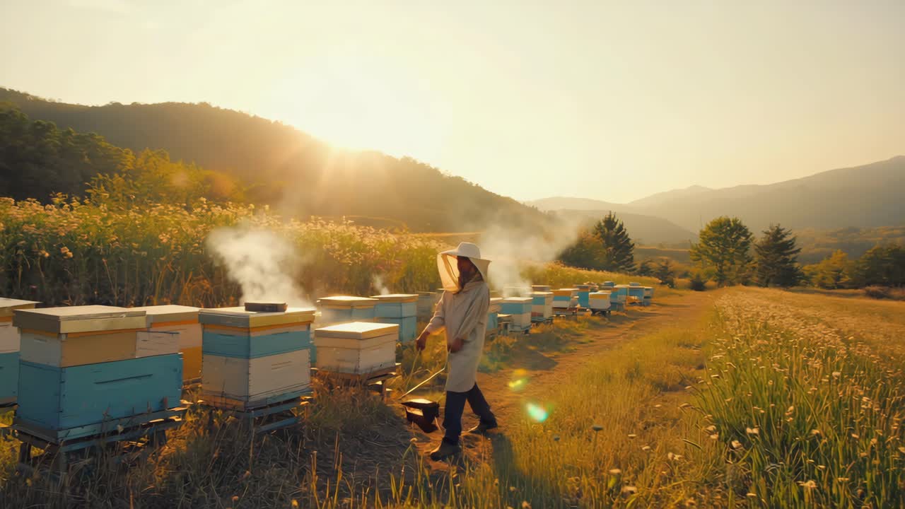 Beekeeper tending to bee hives in a rural apiary at sunset