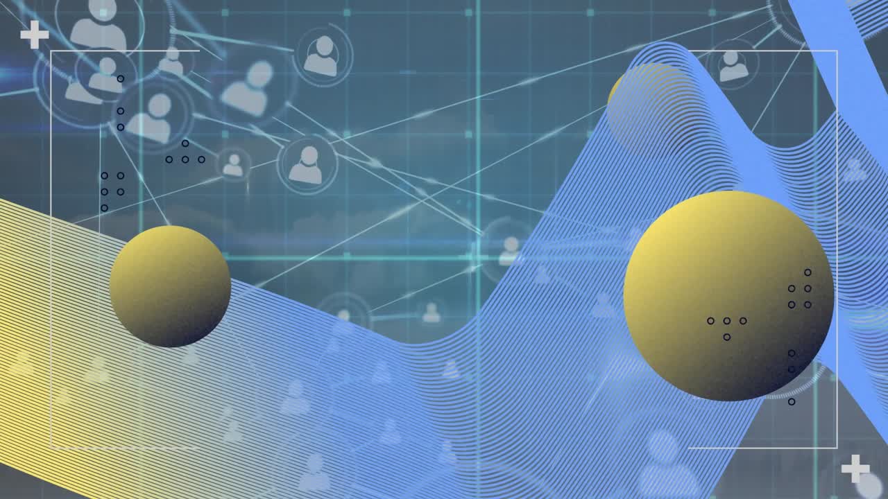 Animation of globes and wave pattern in viewfinder and profile icons interconnecting with lines