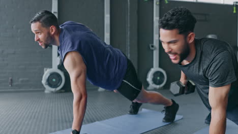 Gym,-man-and-personal-trainer-planking