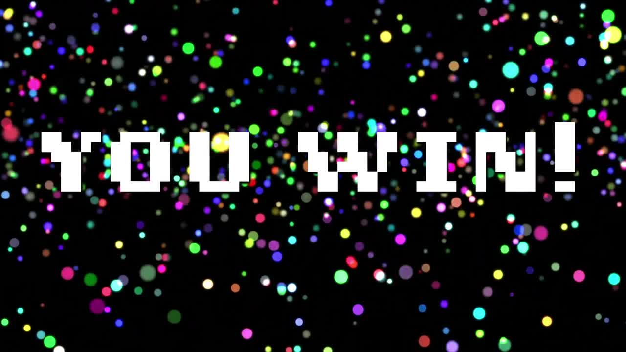 비디오 컴퓨터 게임 화면에서 이기는 단어의 애니메이션