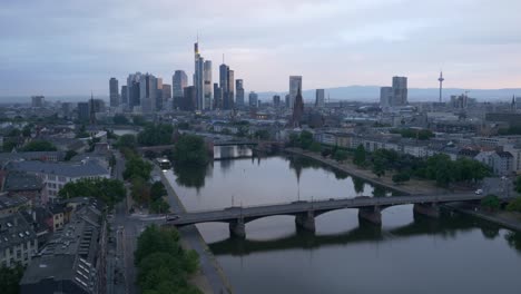 empty city of frankfurt by drone in the morning at sunrise in corona crisis apocalypse aerial