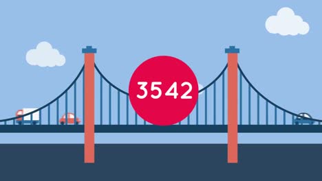 Animation-of-rising-number-on-red-circle,-over-traffic-crossing-bridge