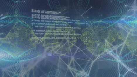 animation of network of connections over data processing and dna strand