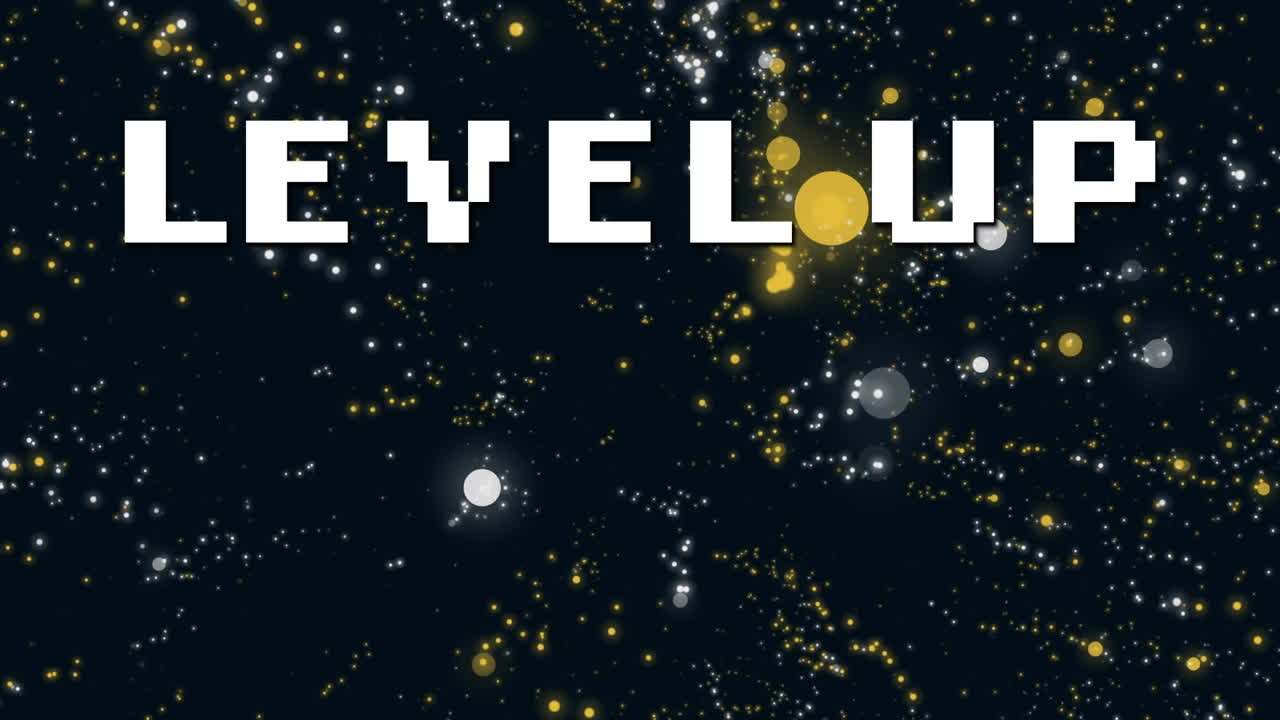 animación del nivel de texto de píxel blanco hacia arriba, sobre puntos de luz blancos y naranjas, en negro