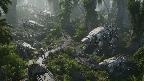 A Breathtaking View of a Futuristic Landscape Where Advanced Robots Interact with Lush Vegetation in a Serene Environment of Nature and Technology Coexisting Harmoniously
