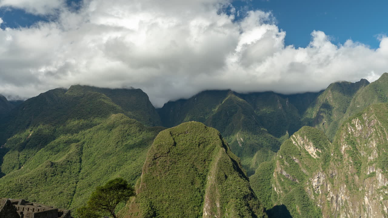 Timelapse of Clouds Moving Over Ancient Machu Picchu Inca Citadel and Steep Cliffs of Andes Mountains