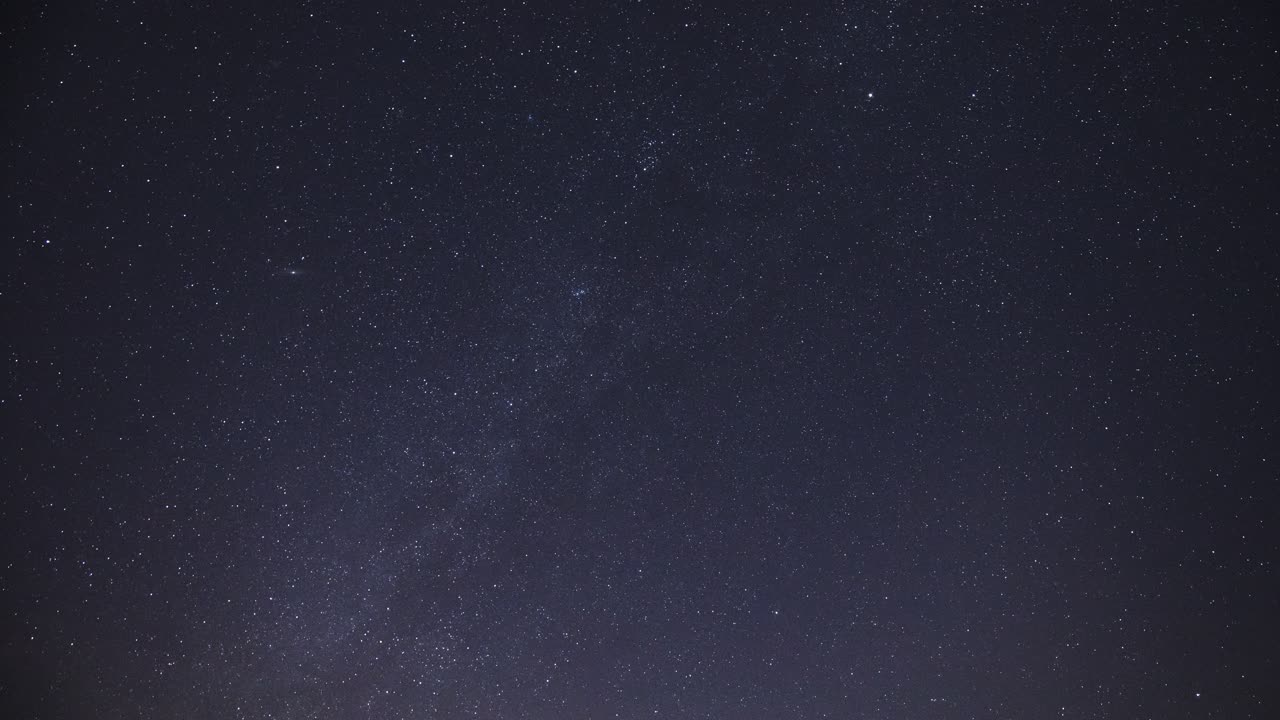 Milky Way and stars spin as shooting stars fly across the frame, wide time lapse