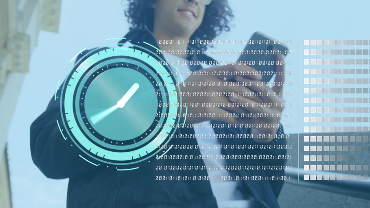 Animation of clock and data processing over midsection of man using smartphone