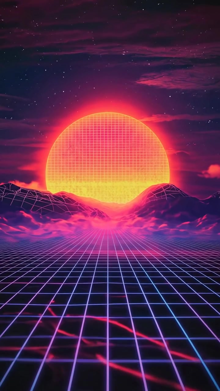 Paesaggio a griglia retro synthwave con sole splendente