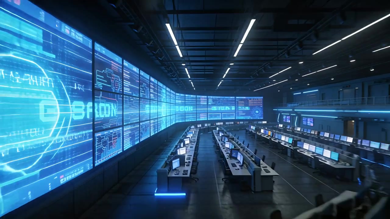Pulling back, camera panning right, showing control room scale, curved LED wall and consoles