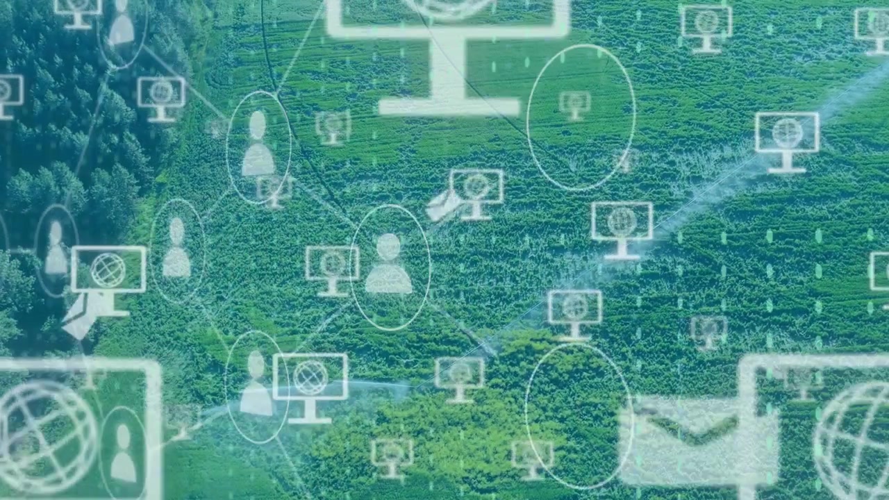 White icons starting from faint node, replicating, connecting across meadow showing network growth