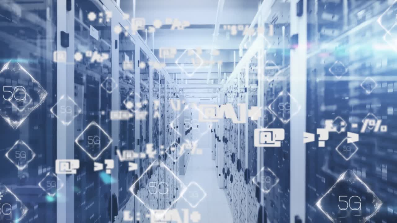 Animation of symbols over 5g text in rhombuses and bars against server room in background