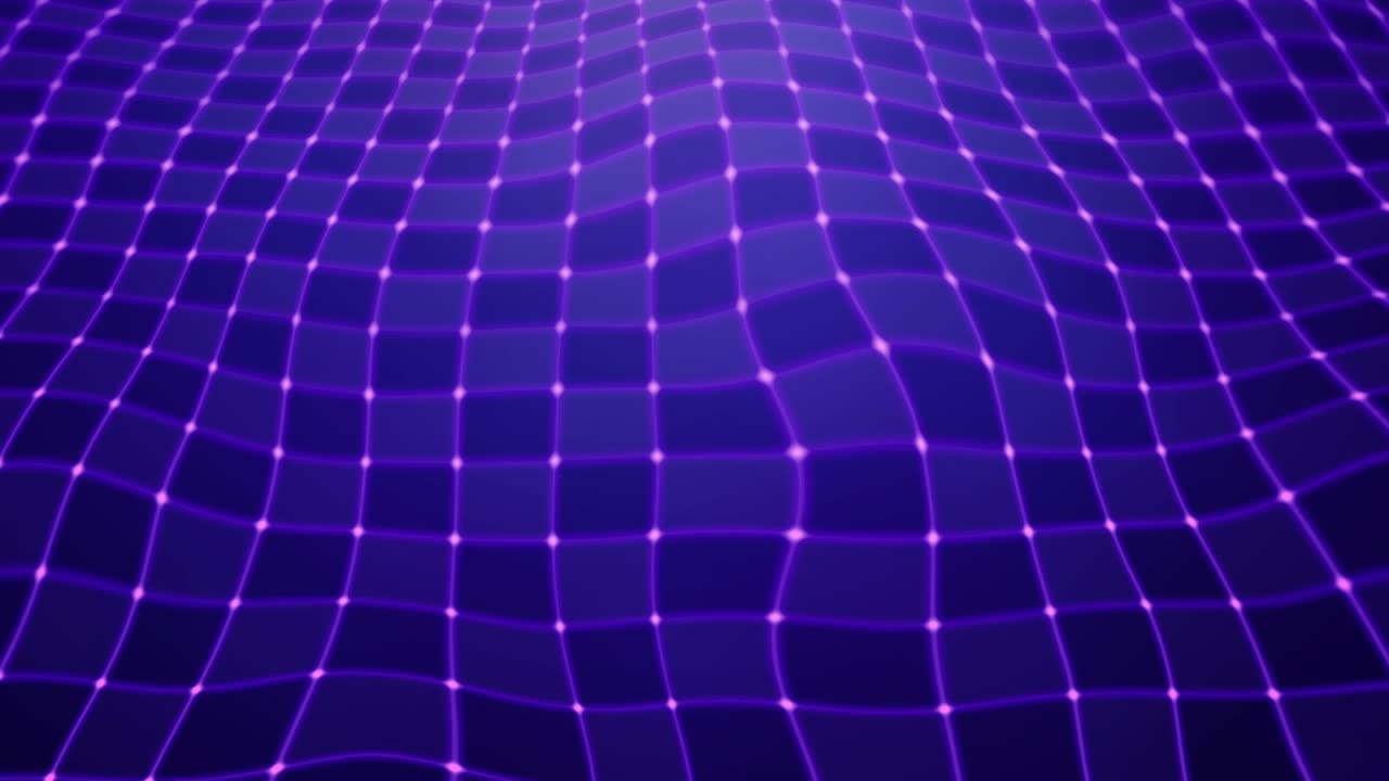 Abstract Futuristic Digital Background: Vibrant Purple and Blue Grid with Flowing Dots and Neon Glow - Modern Network Design: Undulating Geometric Patterns in a Bright, Hypnotic Digital Space