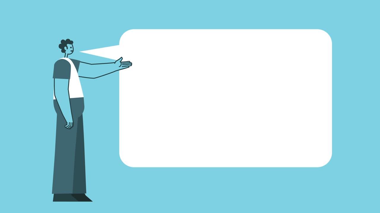 평평한 그래픽 디자인, 대담한 남자, 만화 캐릭터, 음성 버블, 고립된 루프, 2d 애니메이션