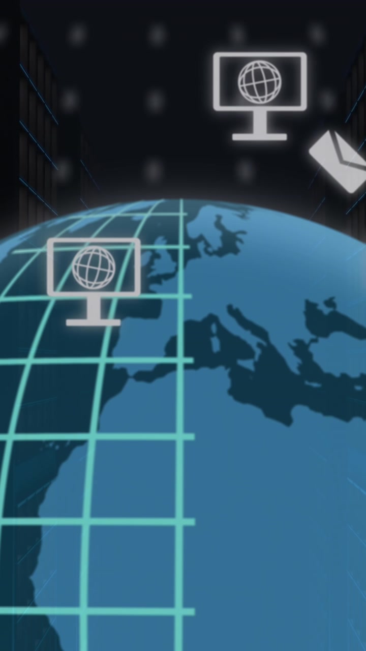 Animation of globe and computer icons over computer servers