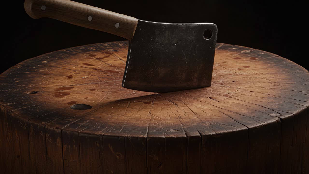 A Close-Up of a Rustic Chopping Board with a Sharp Cleaver Resting on Its Surface, Exuding an Atmosphere of Culinary Preparation and Artisan Craftsmanship