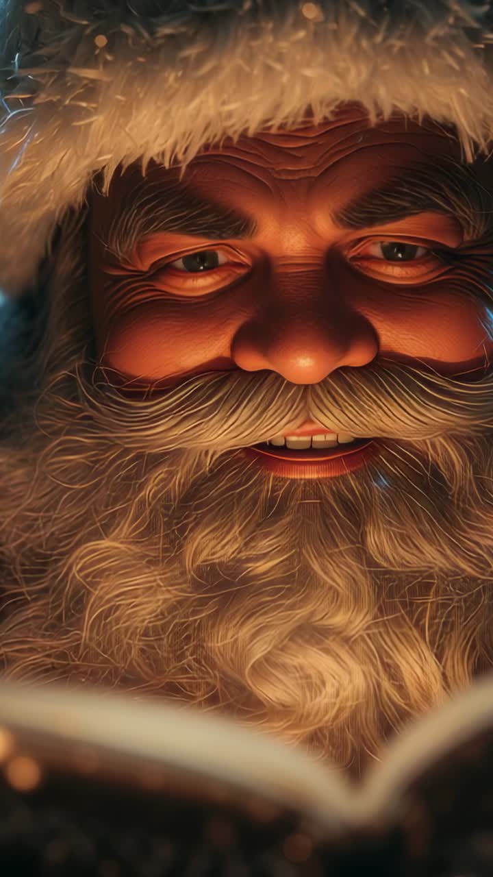 Vertical video: Warm light drawing Santa in fur hat leaning over open book at home, reading aloud