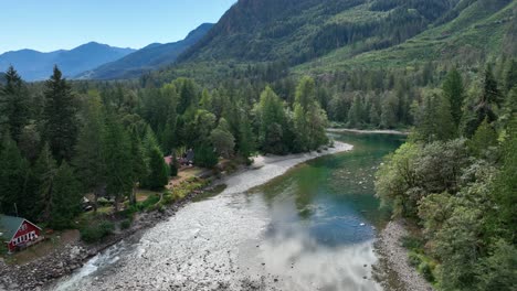 aerial view of the skykomish river meandering through the cascade mountains