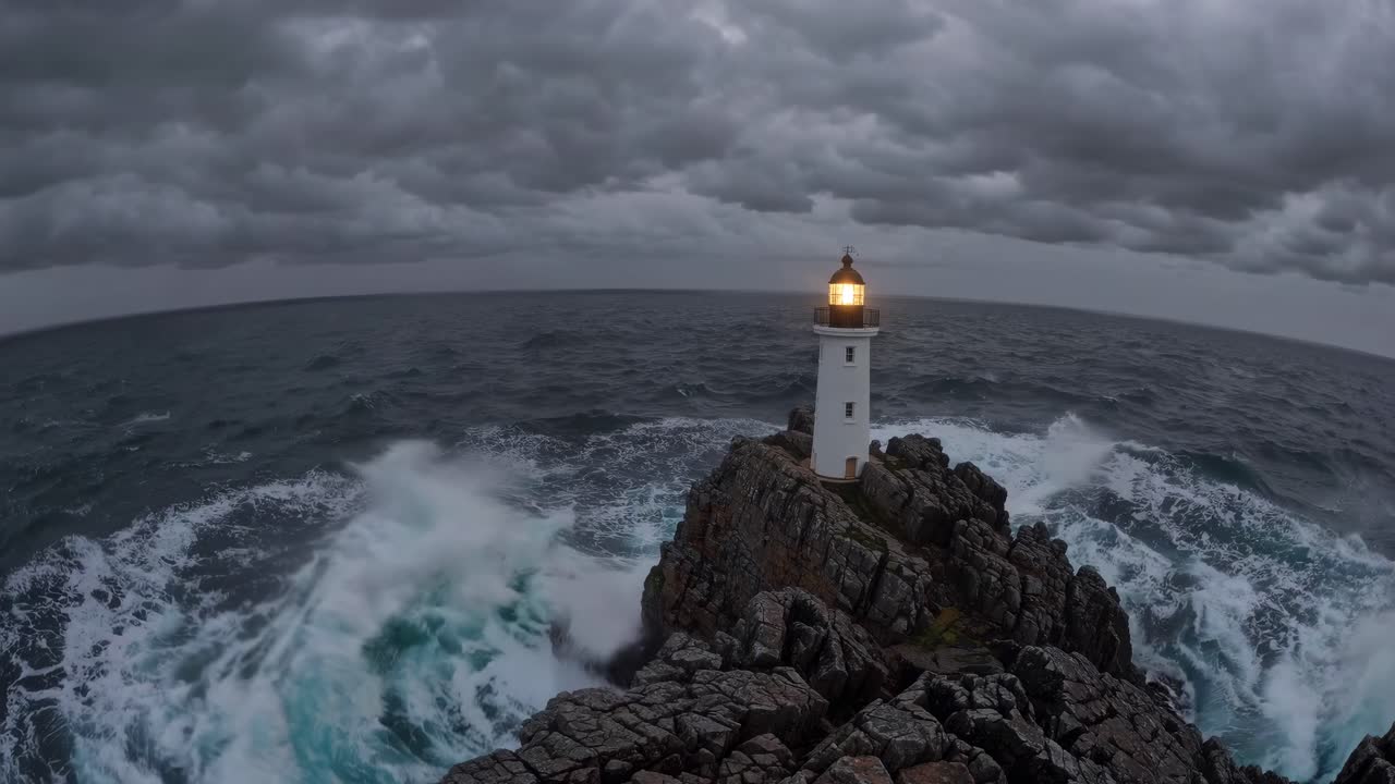 Drammatica inquadratura grandangolare di un faro su scogliere rocciose, con onde che si infrangono sotto cieli tempestosi