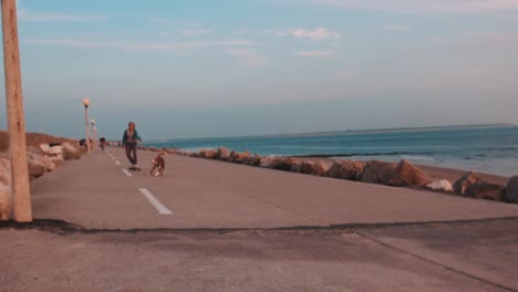 Skateboarding---Junges-Mädchen-Auf-Skateboard,-Das-Am-Meer-Skatet-Und-Von-Ihrem-Hund-Gezogen-Wird