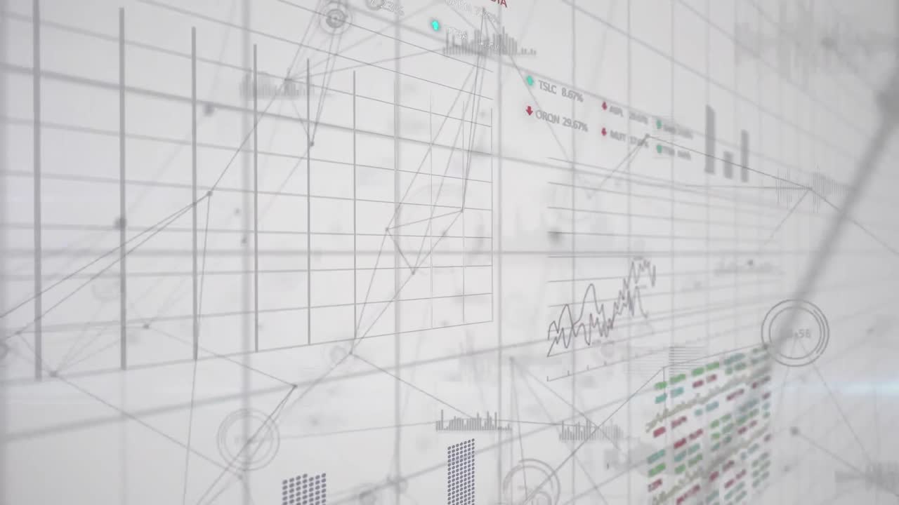 Animation of network of connections spinning over statistical and stock market data processing