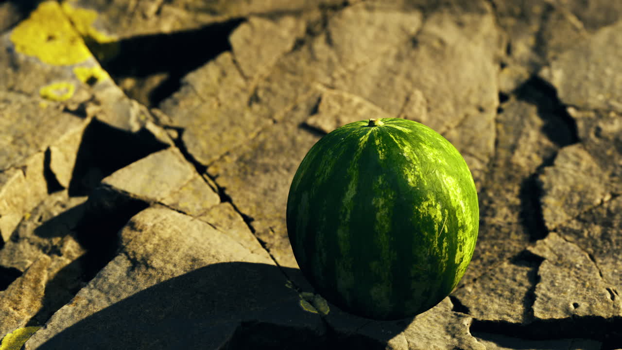 A ripe watermelon is resting on a rugged rocky surface under bright sunlight
