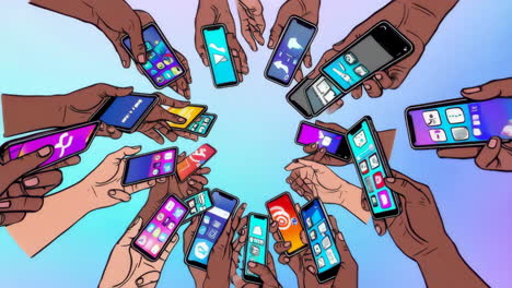 diverse hands holding smartphones in a circle