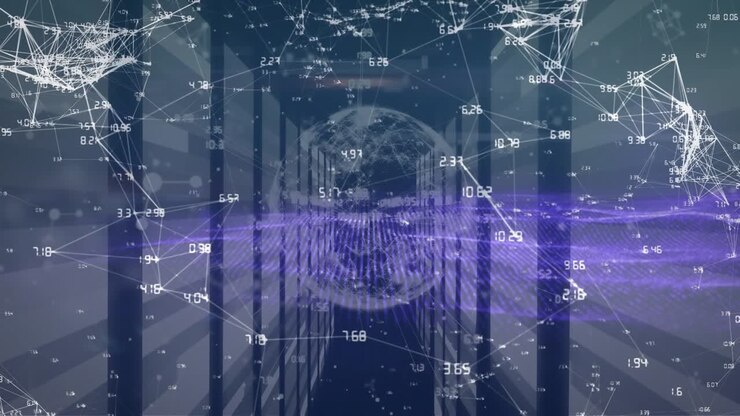 Animation of network of connections with globe over blue background