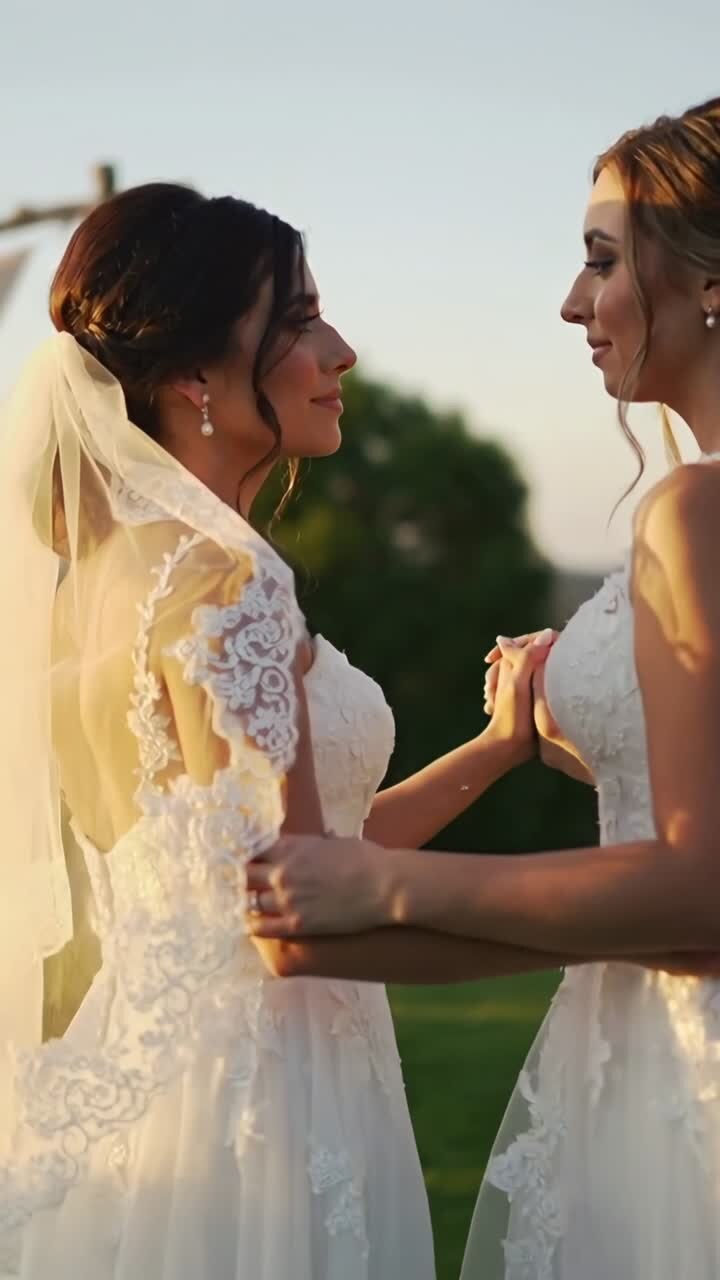 Two brides reaching out and clasping hands on lawn, adjusting gowns and embracing during wedding