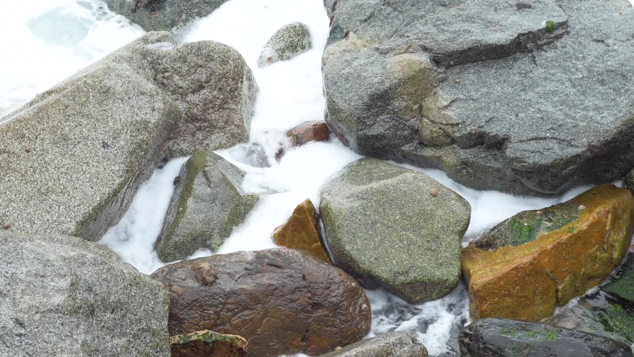 View of rocks with limpets on the sea shore hit by the waters